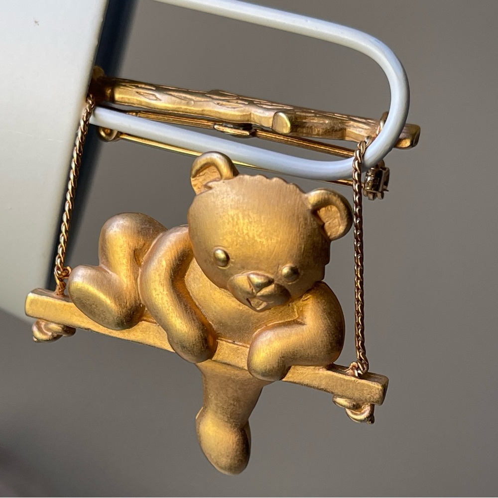 JONETTE | Vintage | Signed JJ Gold Tone Bear On A Swing Brooch Pin 2.25" High